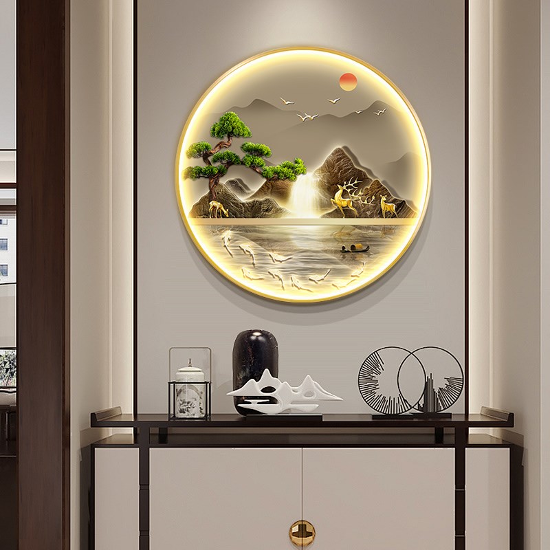 新中式入户圆形玄关装饰画走廊挂画流水生财高档山水带灯画九鱼图图片