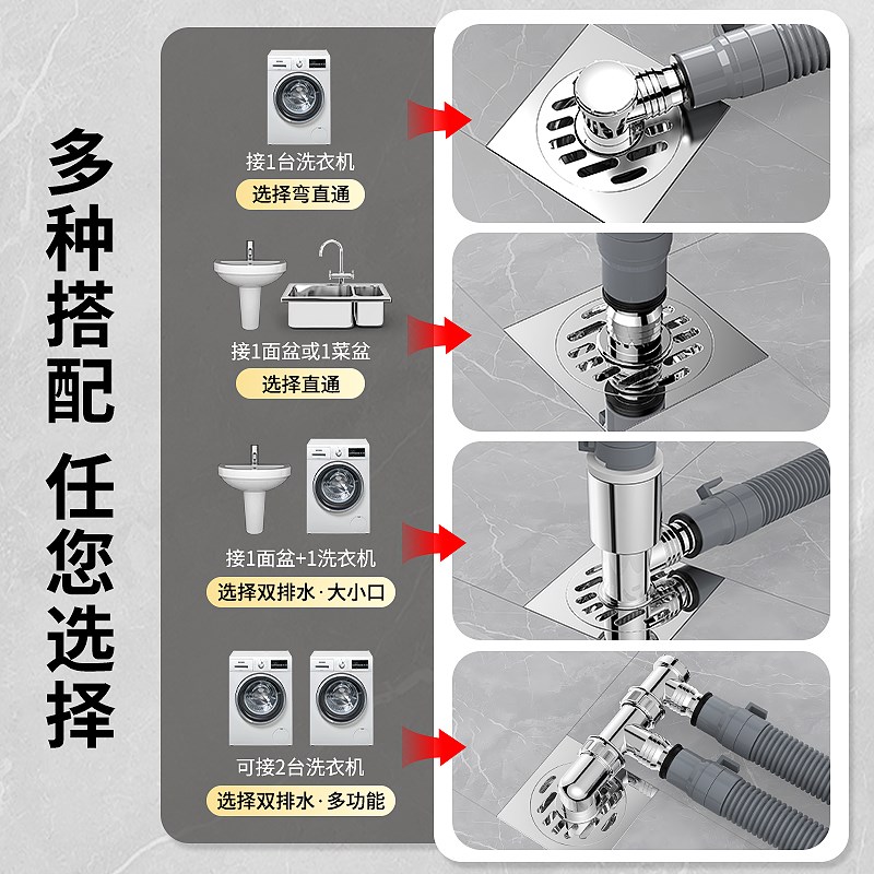 洗衣机下水管地漏接头口对接器排水管道三头通专用防臭溢水二合一