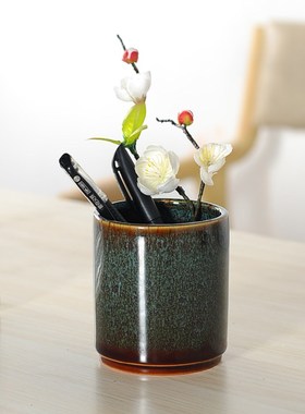 窑变釉创意时尚文具毛笔圆珠笔铅笔多功能复古办公圆形陶瓷笔筒