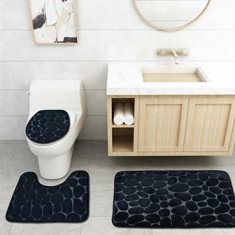 3PCS Set Bath Mat Rug Non Slip Push Bathroom Toilet Seat Li