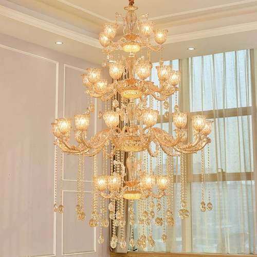 欧式复式楼客厅大吊灯简约大气别墅楼中楼水晶灯大厅跃层长吊灯具