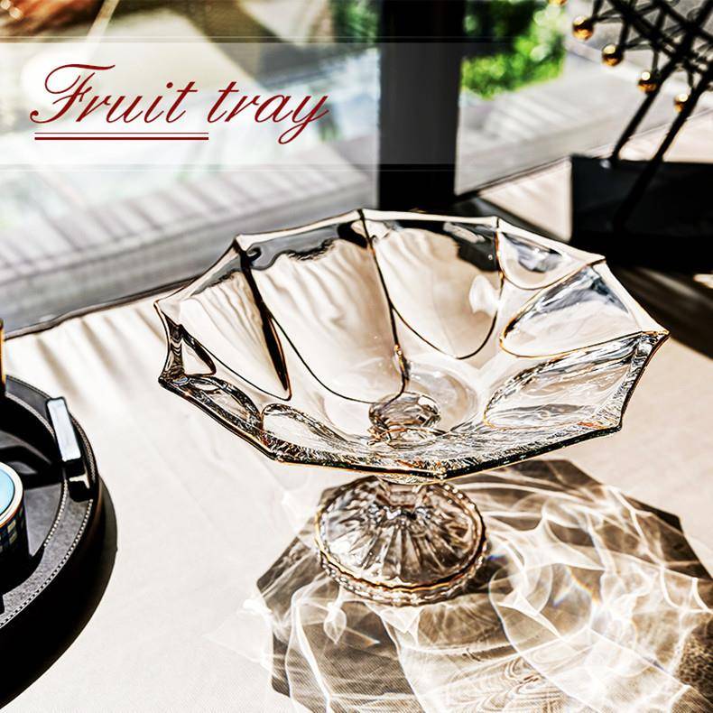 欧式捷克风格高脚水晶玻璃果盘家用客厅摆件创意果斗描金边水果盘