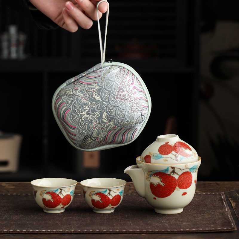 荔枝快客杯露营旅行茶具套装户外旅游泡茶杯一壶二杯便携式收纳包