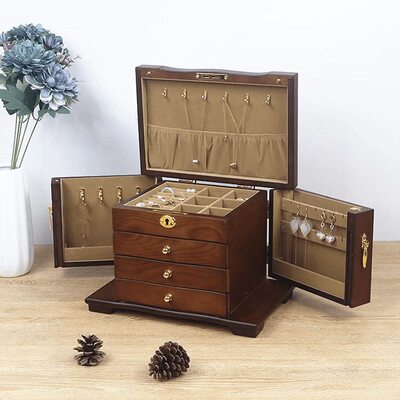 大容量带锁首饰盒实木首饰收纳盒中国风2023多层饰品复古高档新款