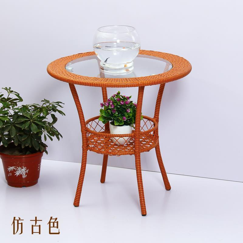 特价简约现代阳台储物小圆桌藤编玻璃茶几圆形庭院小茶几休闲桌子