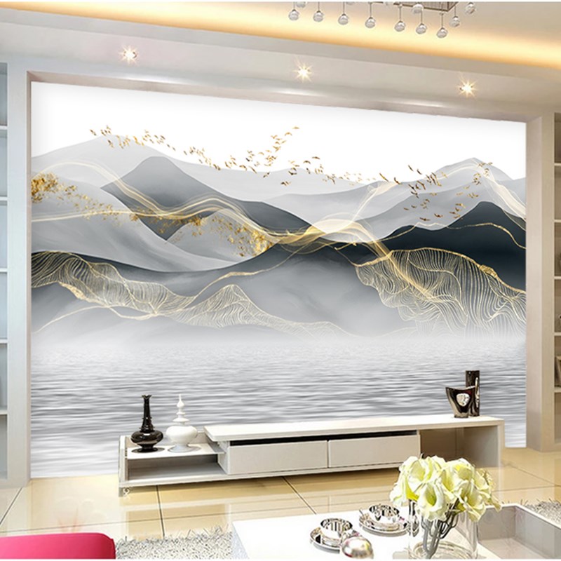 新中式18d凹凸立体水墨山水线条电视背景墙布大气5D墙纸无缝壁画