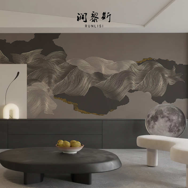 润黎斯新中式轻奢线条电视背景墙壁纸复古墙布装饰别墅客厅定制画图片