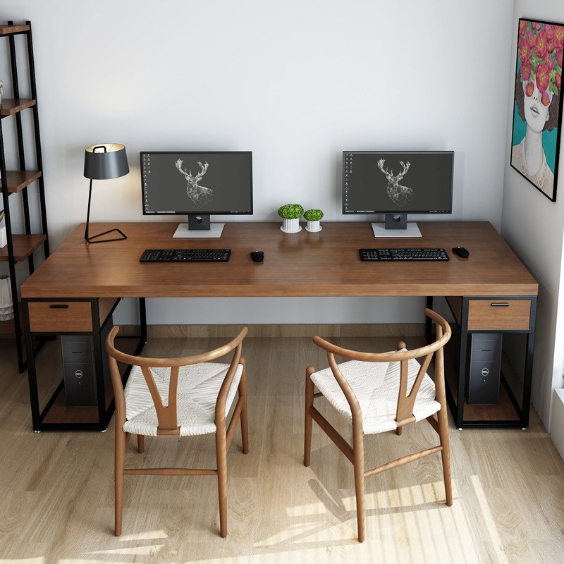 loft实木双人台式电脑桌家用书房带抽屉办公桌子公司双人工作长桌