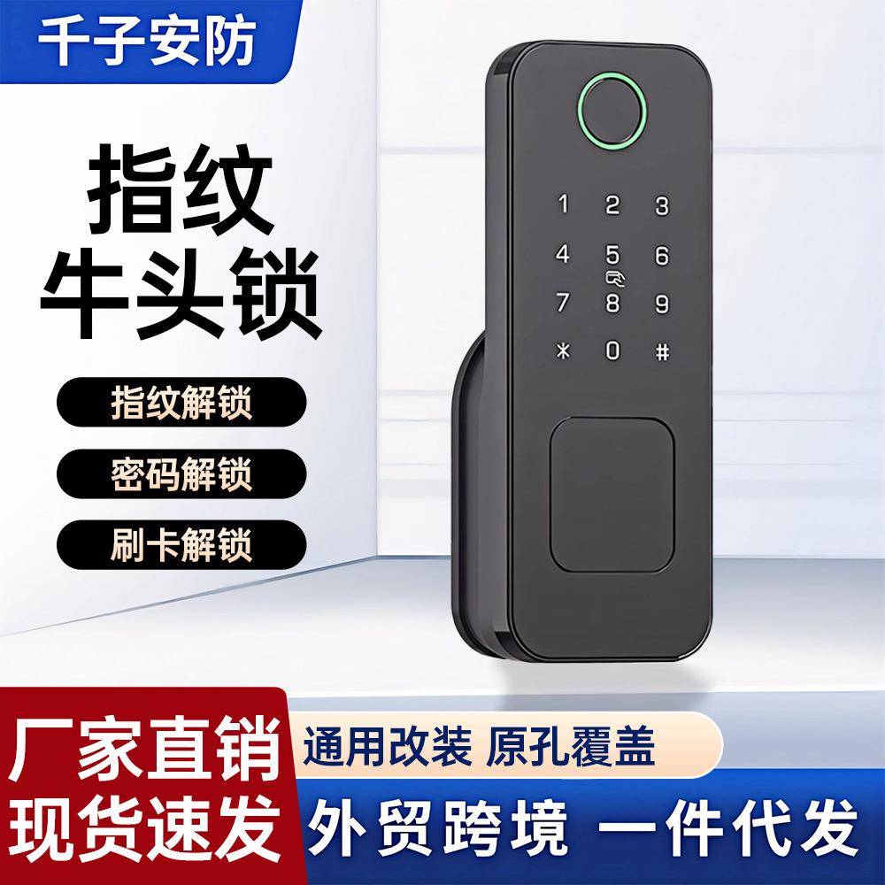 智能TUYA牛头锁铁门木门锁免布线门禁锁出租房指纹锁老式防盗门锁