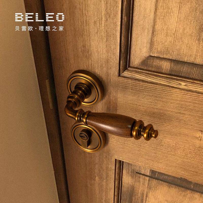 法式复古室内门锁胡桃木卧室磁吸静音房门锁奶油风分体木门门把手