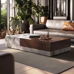 意式 现代实木茶几 极简岩板方形茶几客厅家用设计师小户型设计师款