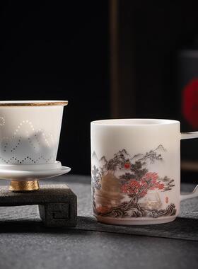素烧羊脂玉办公杯茶水分离带盖商务品茗杯国潮山水江山阁楼马克杯