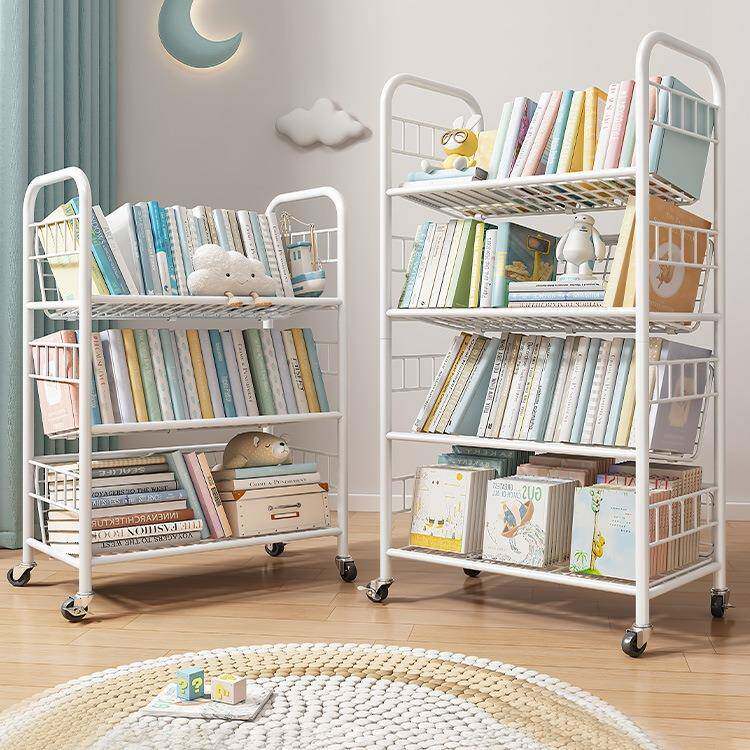 书架铁艺绘本架收纳架一体家用简易书柜可移动置物架落地