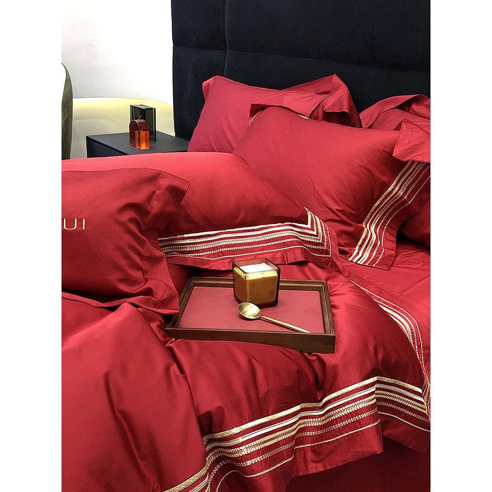 高档纯棉婚庆四件套红色100S长绒棉被套全棉简约婚嫁结婚床上用品