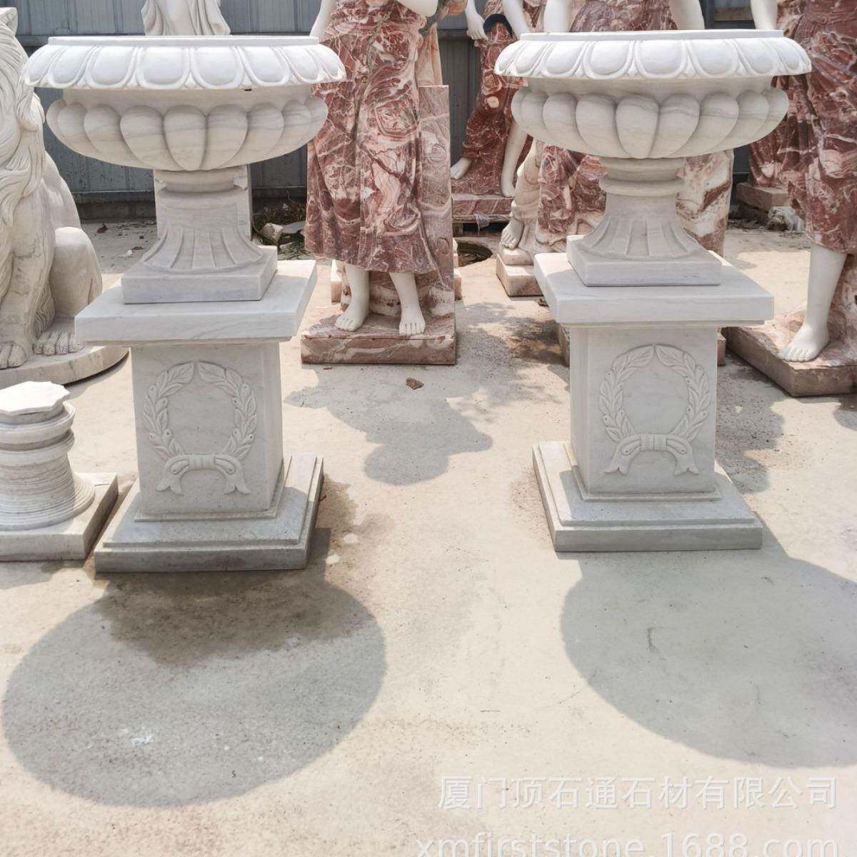 欧式大理石花盆景区公园花园花坛天然玛莎白花钵户外广场石雕花盆