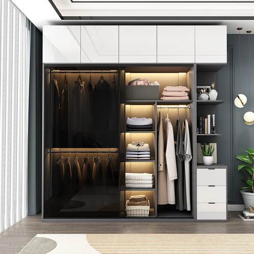 轻奢衣柜玻璃推拉门卧室现代简约家用经济滑移门衣橱组合收纳柜子