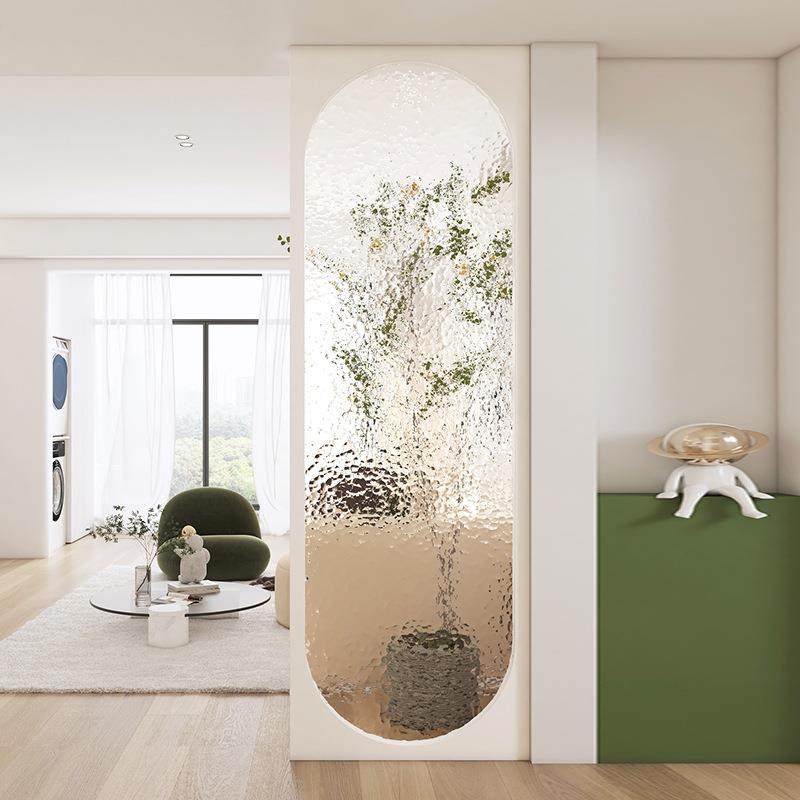 法式奶油风客厅入户屏风玄关洗手台浴室柜弧形轻奢水波纹玻璃隔断