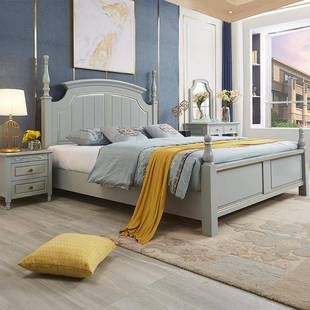 全实木美式罗马柱轻奢双人床高级灰描金床头柜主卧1米8大人床1米5