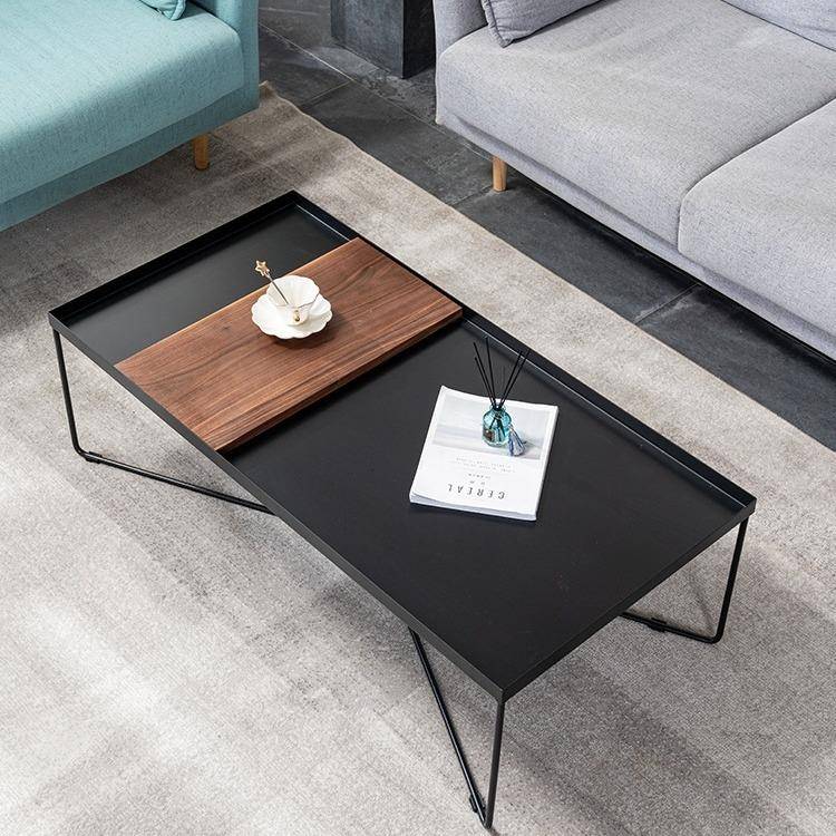 黑胡桃木茶几长方形茶几铁艺客厅创意小户型简约沙发实木茶几