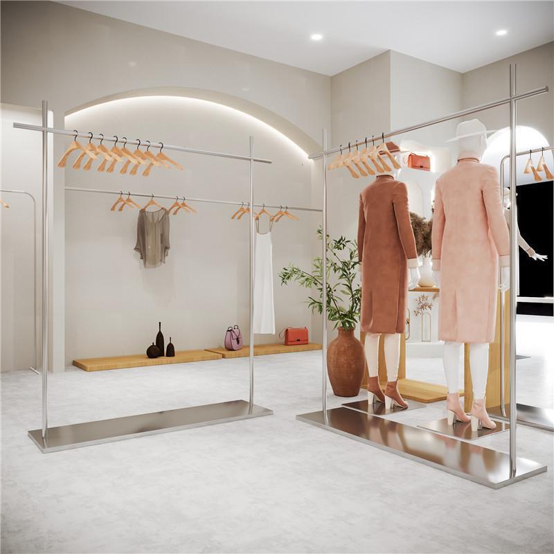 不锈钢带板服装店展示架落地式挂衣杆衣服架子男装女装店陈列架