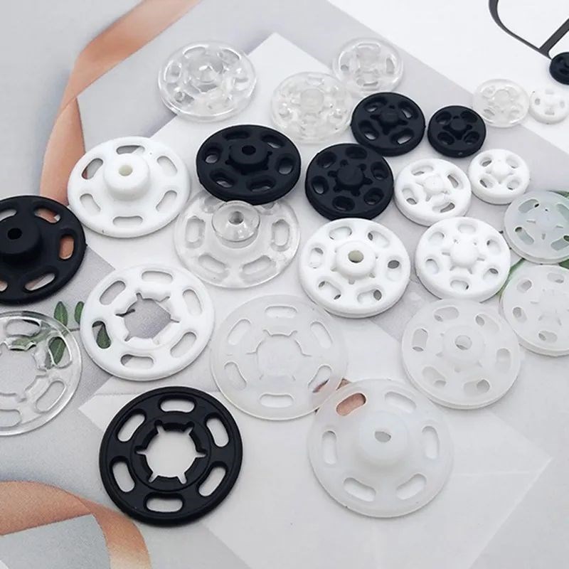 50set 7-21mm Black/White/Clear Plastic Round Snap Buttons Ba