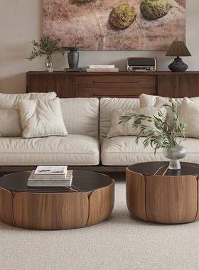 意式圆形实木茶几组合家用客厅小户型轻奢岩板圆茶几电视简约现代