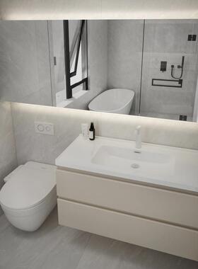 极简浴室柜组合奶油风洗漱台卫生间洗手池陶瓷一体盆加高加长镜柜