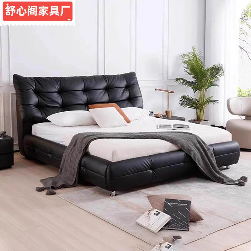 主卧拉扣床黑色真皮床储物高箱结婚床双人床1.8米2米大床软包床