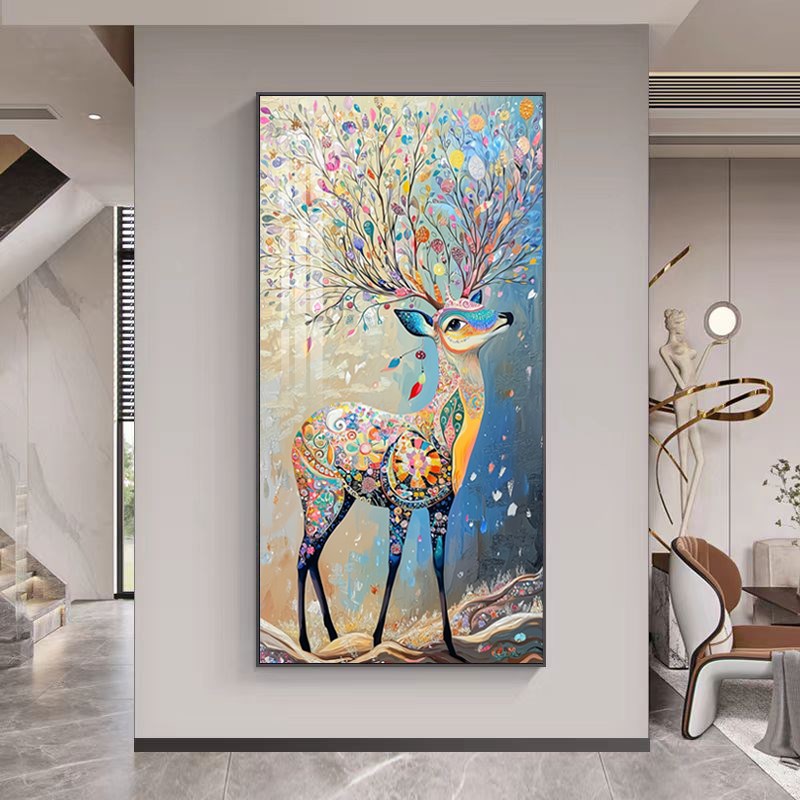 玄关装饰画梅花鹿正对门美式竖版艺术挂画走廊过道一路平安壁画图片