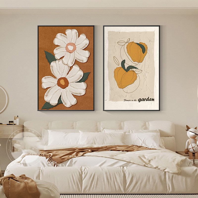 现代简约卧室床头装饰画ins文艺花卉组合两联挂画房间背景墙壁画图片