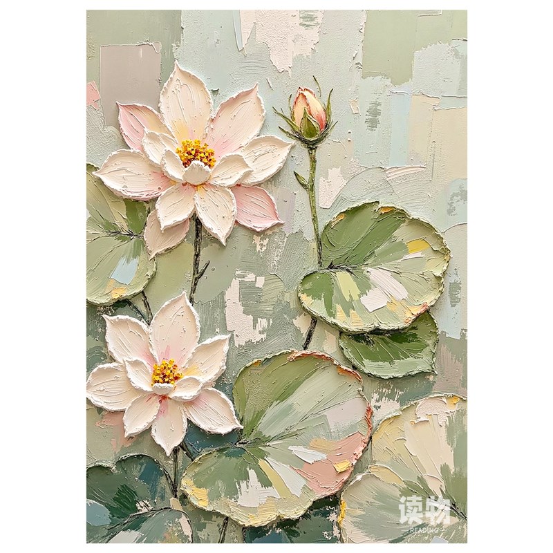 抽象艺术荷花肌理手绘油画奶油风玄关装饰画好运连连餐桌客厅挂画图片