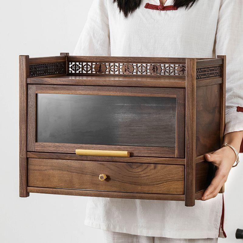 【折扣价】胡桃木置物架桌面小型防尘博古架实木简约摆件茶壶茶具