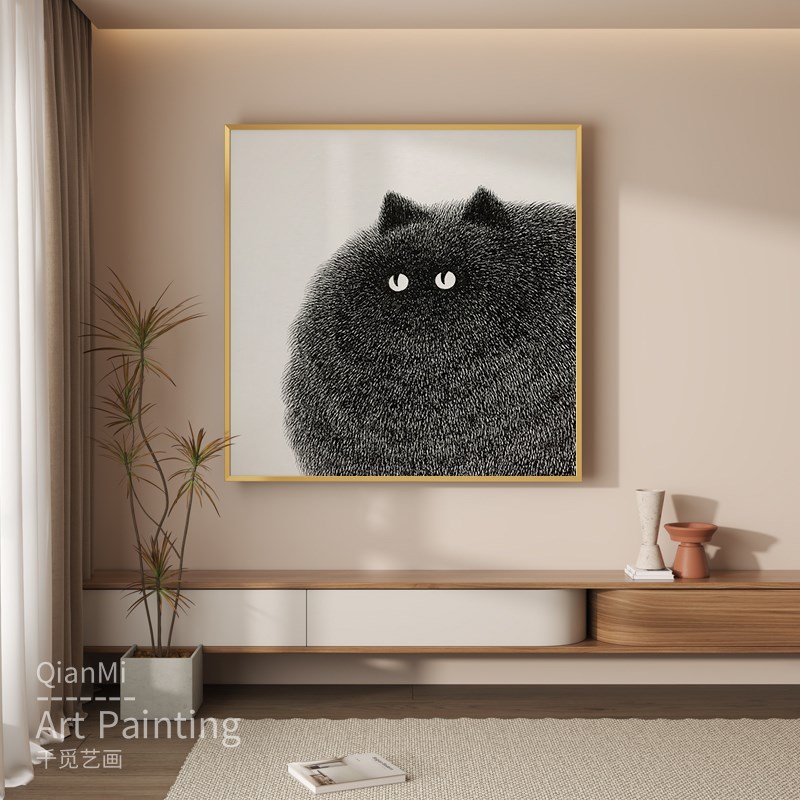 现代简约黑白抽象客厅挂画可爱肥猫入户玄关壁画过道楼梯间装饰画图片