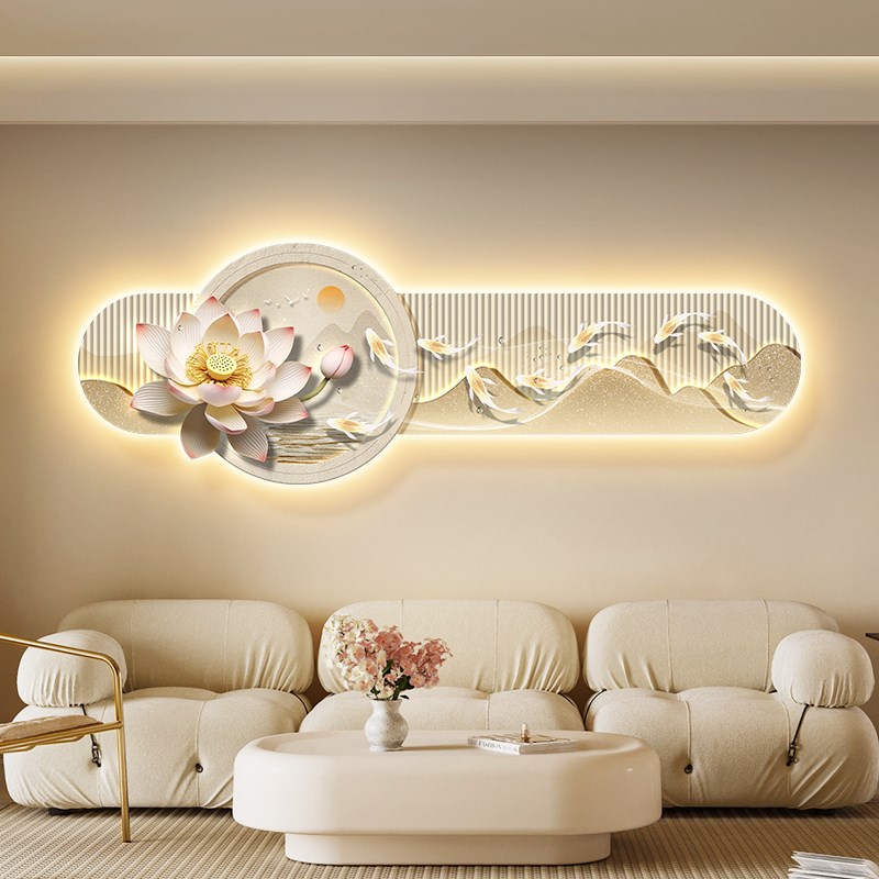 现代轻奢卧室装饰画荷花主卧床头壁画高级感九鱼图客厅挂画壁灯画图片