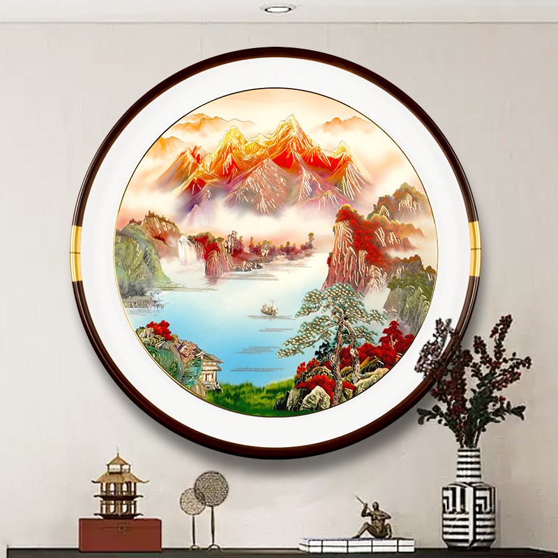圆形铜雕画入户玄关装饰画牡丹铜板手工餐厅新中式走廊过道挂画图片