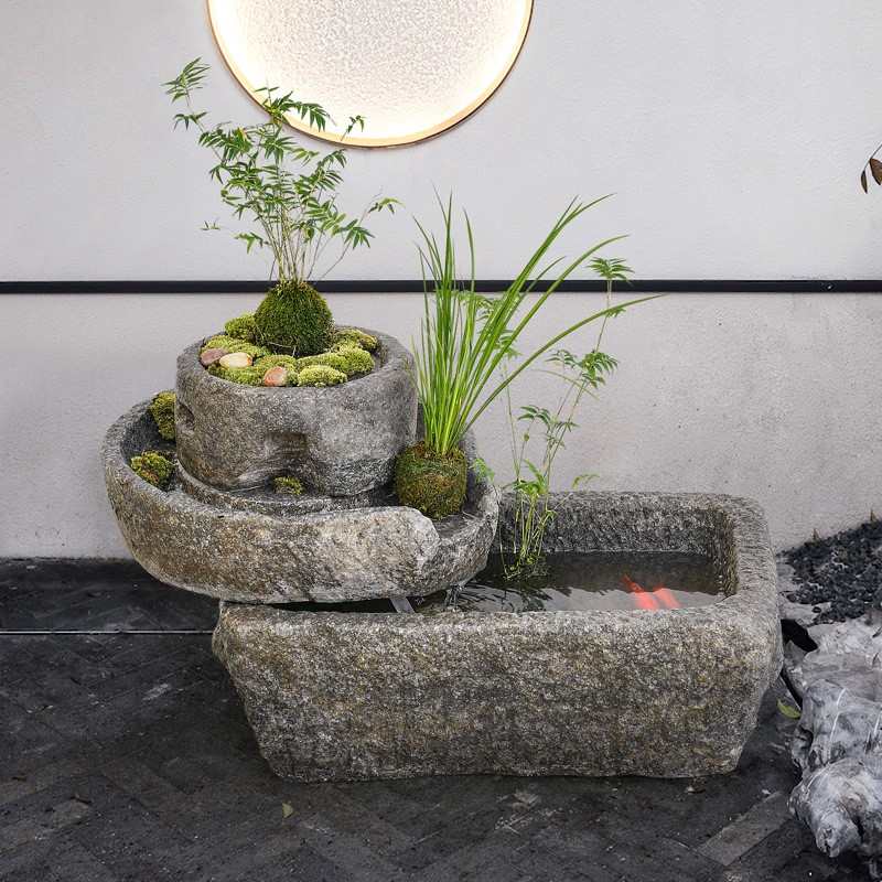 水景新款景观布置喷泉造景鱼缸水系摆件石槽庭院阳台石磨流水循环