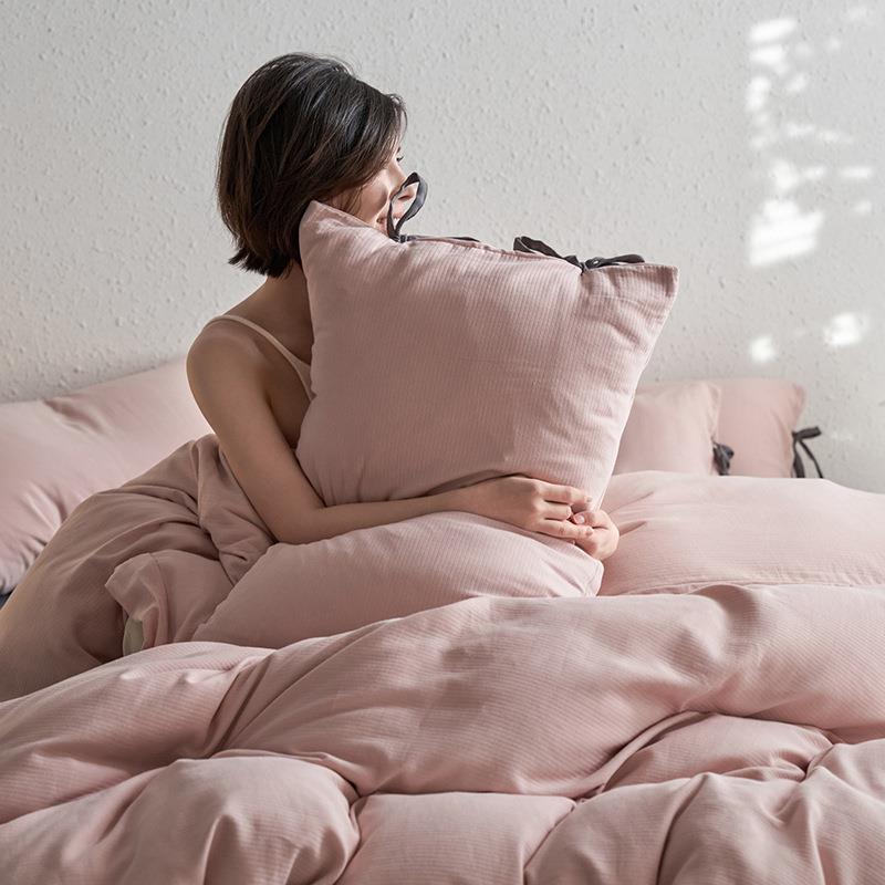 简约A类全棉水洗磨毛床上四件套纯棉针织提花被罩床单绑带款床品3