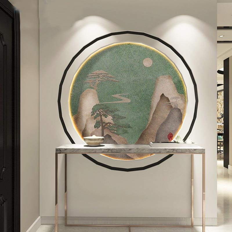 新中式入户玄关装饰画迎客松圆形走廊过道壁纸招财茶室壁画禅意画图片
