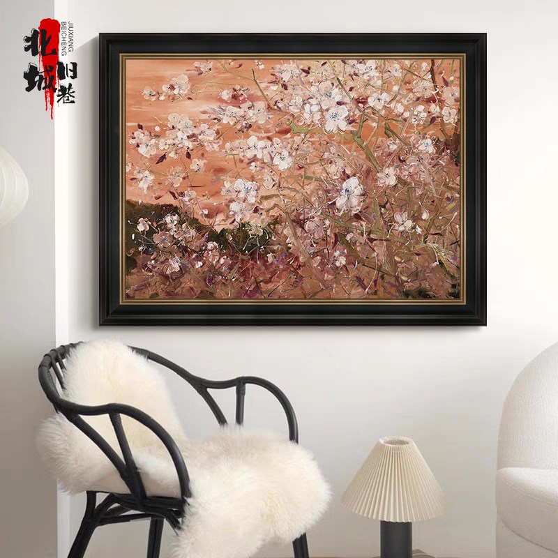 玄关中古风客厅桃花手绘油画沙发背景墙挂画高级感餐厅中式装饰画