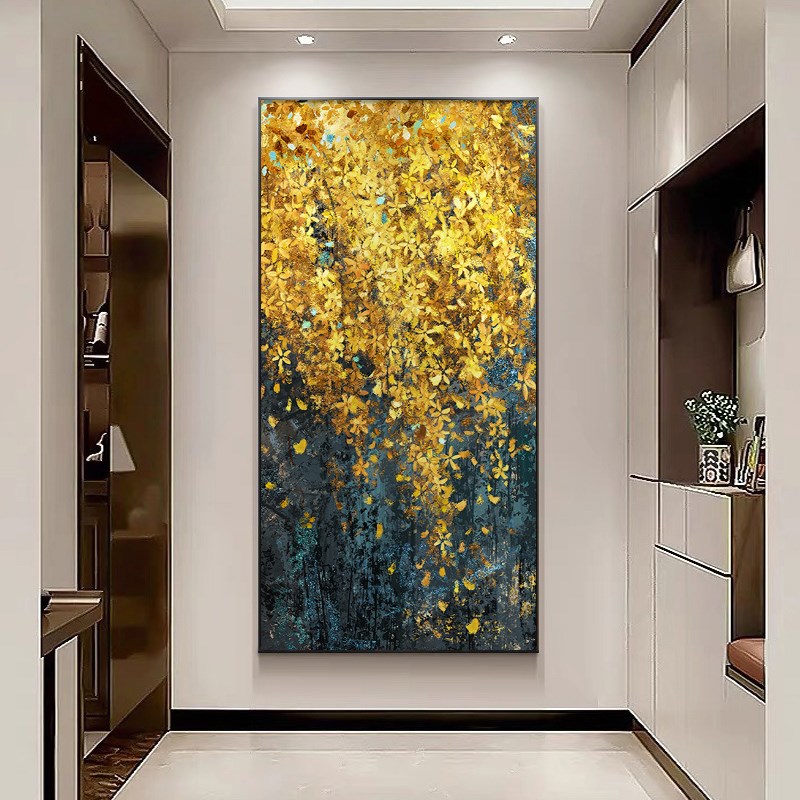 发财树手绘油画入户玄关装饰画大芬村油画迎春花客厅走廊过道挂画图片