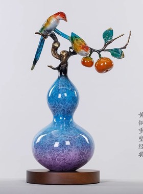 源盛集珍新中式装饰紫气东来黄铜招财葫芦摆件工艺品乔迁新居礼物