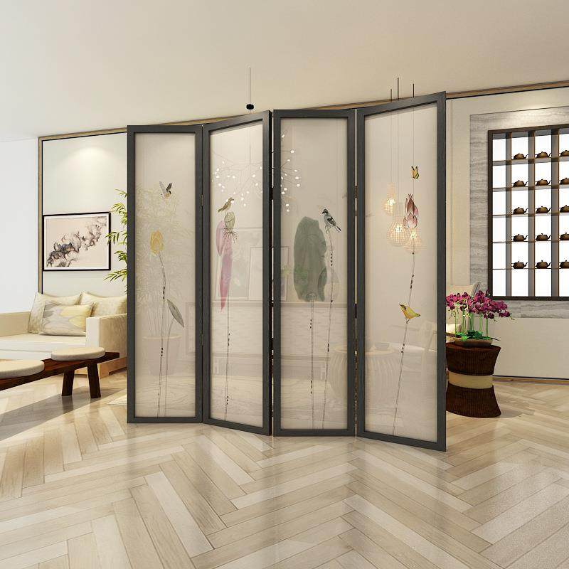 新中式现代简约屏风隔断客厅可移动入户折叠遮挡茶室装饰荷花折屏