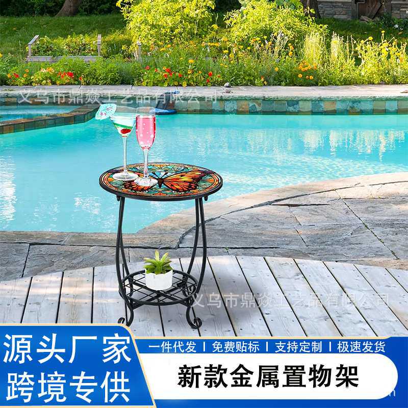 欧式创意小鸟蝴蝶圆形置物架铁艺花架室内外阳台花园花盆架小桌子