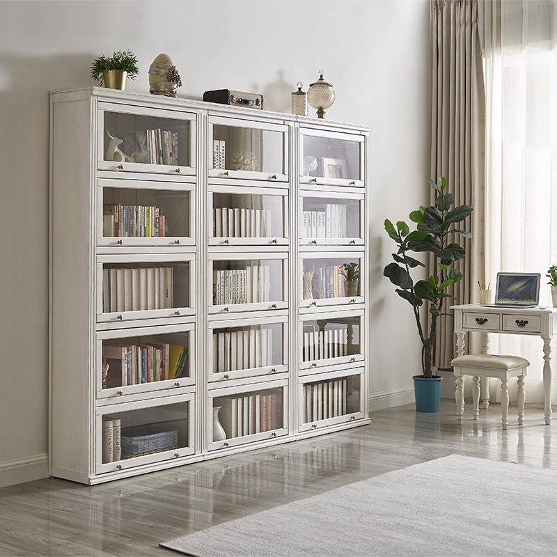 【折扣价】美式实木书柜客厅落地书架防尘玻璃门装饰柜靠墙一体储