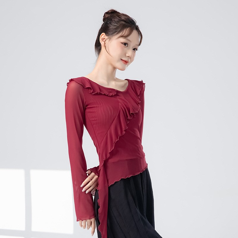 舞蹈服女现代春季新款成人形体练功网纱拼接飘逸红色长袖跳舞上衣