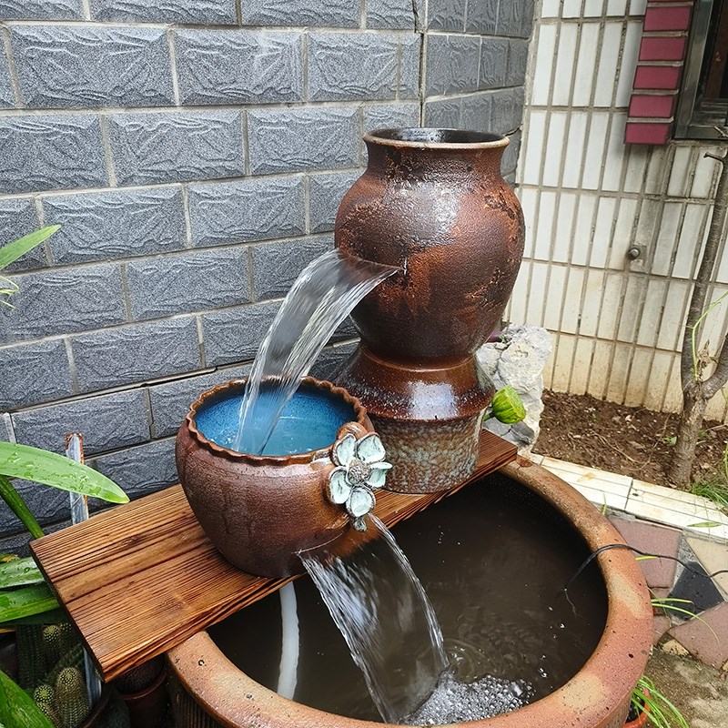 古法鱼缸庭院生态缸瀑布流水陶罐循环流水O造景冲氧过滤摆件包邮
