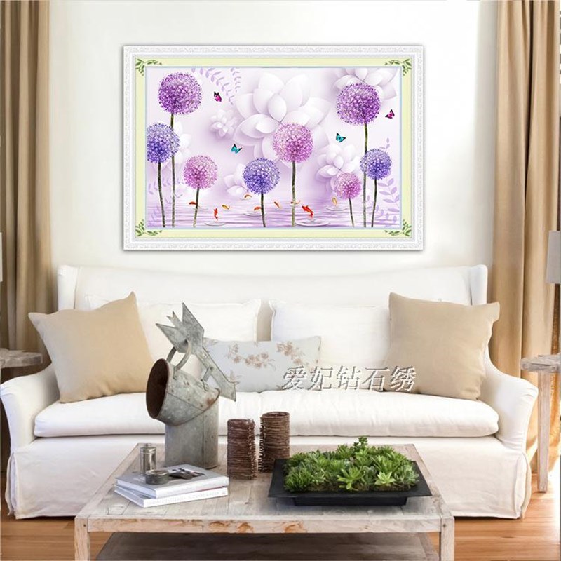 十字绣贴钻画2019新款简约现代钻石画紫色立体蒲公英九鱼图背景墙