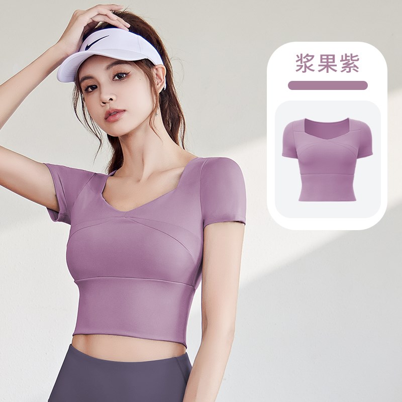 瑜伽服套装女夏季薄新款带胸垫跑步健身短袖运动训练紧身上衣