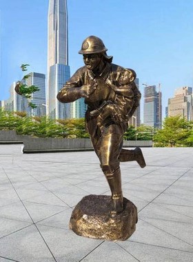玻璃钢消防员雕塑卡通仿铜人物消防救灾安全主题教育公园摆件定制
