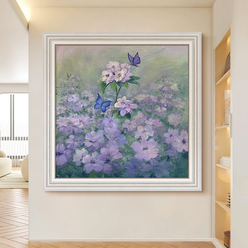 紫气东来客厅装饰画奶油风紫色花卉蝴蝶肌理手绘油画入户玄关挂画图片